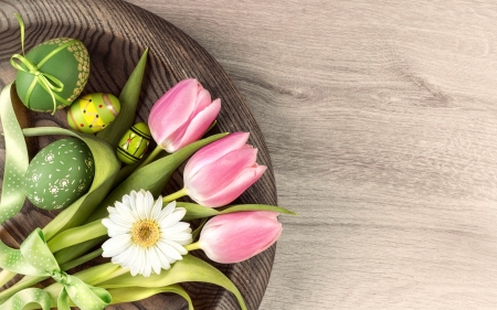 Happy Easter! - daisy, spring, flower, pink, tulip, easter, green, egg, card