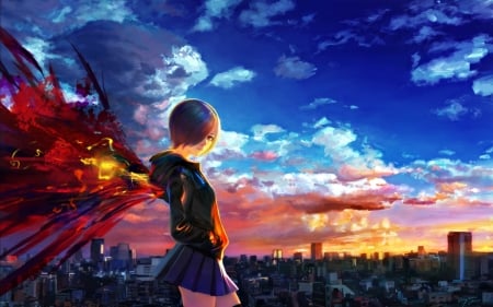 Kirishima Touka - anime, blue, evening, angel, red, twilight, art, luminos, sky, girl, city, orange, manga, fantasy, wings, cloud, tokyo ghoul, shitub52, kirishima touka