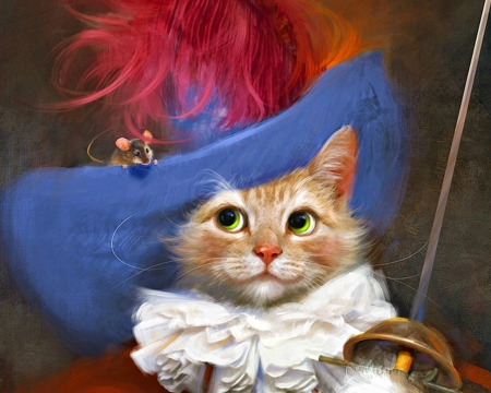 Musketeer - blue, mouse, animal, musketeer, red, art, luminos, hat, sword, feather, cat, fantasy, pisica, white, pictura, painting, robert papp