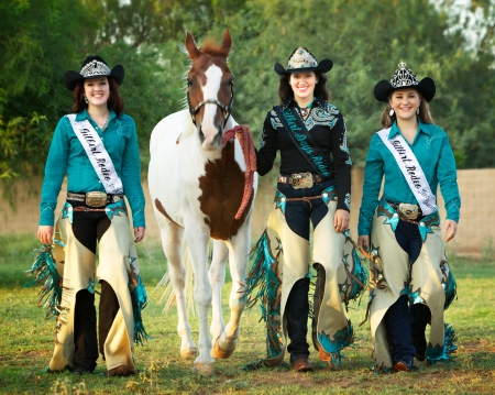 Rodeo Cowgirls - brunettes, chaps, horse, trees, field, hats