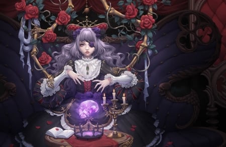 Fortune Teller - skull, woman, beauty, roses, female, anime girl, fantasy, purple, art, dark, pretty, table, lady, long hair, purple hair, abstract, beautiful, red, flowers, dress