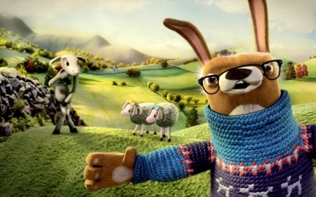 cute - sheep, jumper, field, rabbit