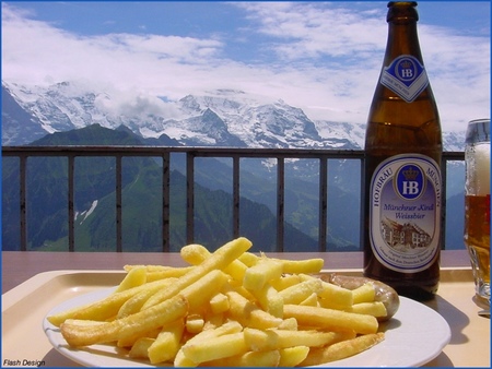 German Beer (Hofbrau Munchen) - beer, alps, hofbrau munchen, bottle, french fries, mountains, hofbrau, germany