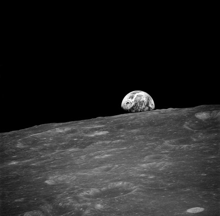 First Earthrise Photographed by Humans - photograph, moon, as8-13-2329, universe, earthrise, black and white, earth