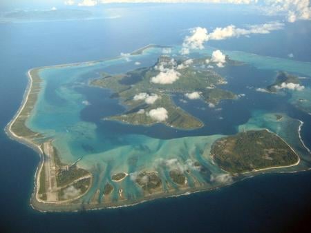 Bora bora island with small air strip for small aircrafts - bora bora, beach, aerial view, acean, travel, tourism