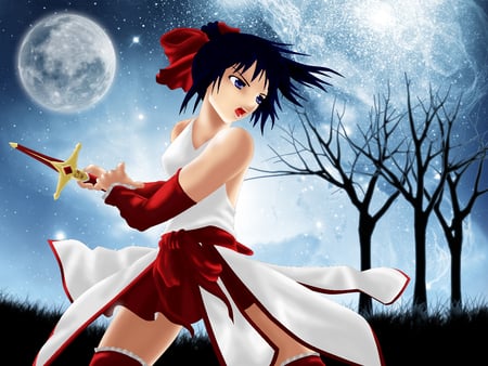 Anime Girl - blue hair, girl, anime, night, sword