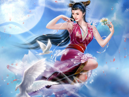 Fantasy Girl - flower, maiden, oriental, goddess, chinese, magic, fantasy, red, anime, blue, lovely, female, doves, cute, beautiful, hot, girl, anime girl, pigeon, light, feather, animal, pretty, bird, beauty, dove, sweet, sky, warrior, nice, moon, sexy, princess