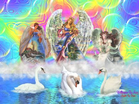 Rainbow Wonder - bubble, swan, lake, angel, color