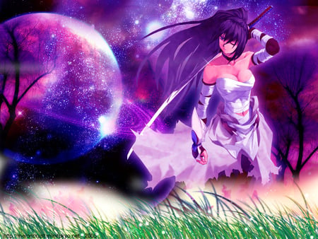 warior - purple, sword, girl, planet