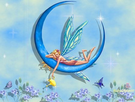 Day Dreamer Fairy - moon, butterfly, angel, blue, flower