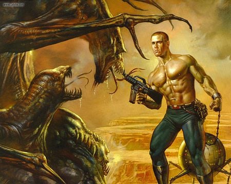 The Prisoner - gun, monsters, chains, captive, creatures, boris vallejo