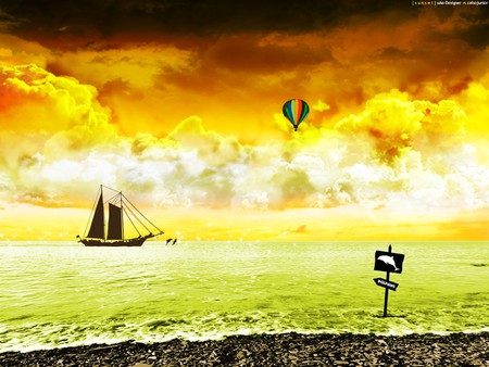 Sunset Sail - ocean, hotair balloon, sign, sunset, sailboat