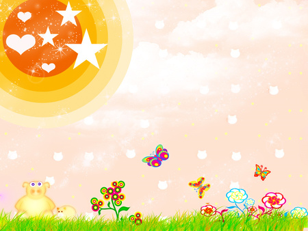 Spring Day - flowers, pigs, butterflies, sunshine, grass, stars, hearts