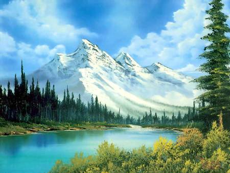 Mountain Waterfall - lake, snow covered mountains, mountain, nature, painting, art, forest, clouds, bob ross