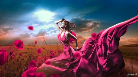 Beauty in the field - sky, flowers, field, woman, art