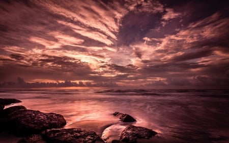 Cloudy Beach - nature, beach, ocean, cloudy, rocks, sky