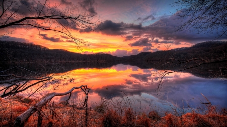 Stunning Sunset - sky, lake, trees, water, sunset, nature, reflection, forest, evening, clouds