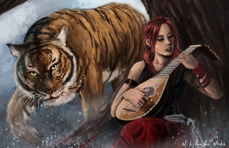 Girl and tiger - red, animal, fantasy, instrument, tiger, woman, redhead, art