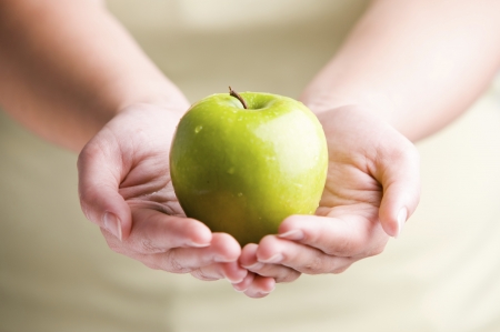 For you! - hand, woman, green, fruit, apple