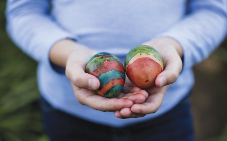 Happy Easter! - easter, brown, egg, hand, woman, blue, green