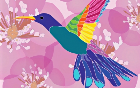 Humming-bird - bird, humming-bird, yellow, colibri, blue, vector, spring, flower, pink, orange, colorful, green, texture