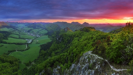 Sunrise Over Valley - trees, sunset, scenery, sunrise, forest, mountains, valley, sky