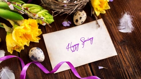 Happy Spring - eggs, flowers, nest, spring, daffodils, feathers, Easter, ribbons