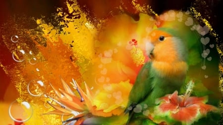 Bird in Paradise - flowers, bird, abstract, jungle, parrot, lorikeet