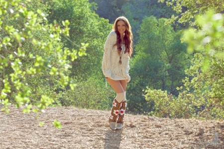 ~Cowgirl~ - trees, cowgirl, dirt, brunette, boots