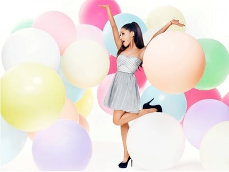 Ariana Grande - actress, 2016, grande, wallpaper, singer, heels, model, legs, balloons, beautiful, ariana grande, dress, ariana