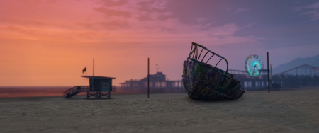 Grand Theft Auto V - beach, video game, water, gta v, sunset, rockstar games, gta 5, grand theft auto v, shipwreck, sand