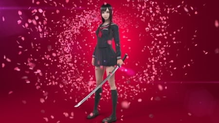 Samurai Girl - female, blue, pink, long hair, uniform, red, katana, art, abstract, beautiful, girl, sword, beauty, lovely, 3D, petals, white, lady, woman, black hair, cute