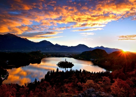 Sunset Lake - Trees, Sunset, Lake, Nature