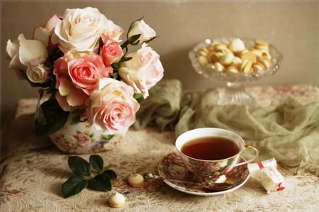 Still life - roses, tea, pink, still life, drink, flowers, nature, candy, cup