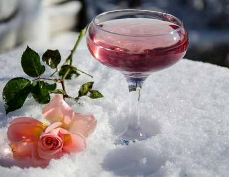 Pink rose - abstract, snow, flower, petals, pink, still life, drink, rose, glass, other