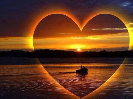 love - sundown, water, heart, boat