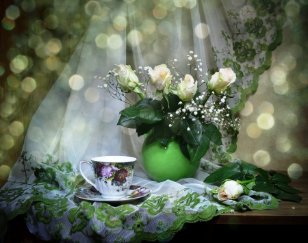 Still life - abstract, roses, coffee, tea, still life, drink, flowers, green, cup, other