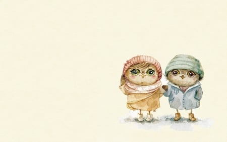 Little owls - inga paltser, child, bird, illustration, owl, card, children, hat, couple