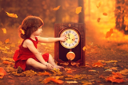 Little Girl - clock, kid, time, autumn