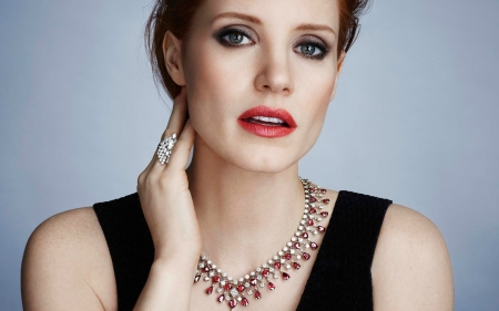 Jessica Chastain - woman, face, jessica chastain, actress, girl, hand, jewel, model