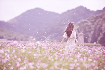 Lovely Day in the Field - flowers, field, outdoor, woman