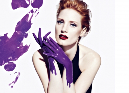 Jessica Chastain - woman, actress, redhead, girl, white, paint, jessica chastain, purple, hand