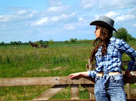 Cowgirl Watching....... - women, fun, female, fences, hats, models, brunettes, western, girls, cowgirls, style, horses, ranch