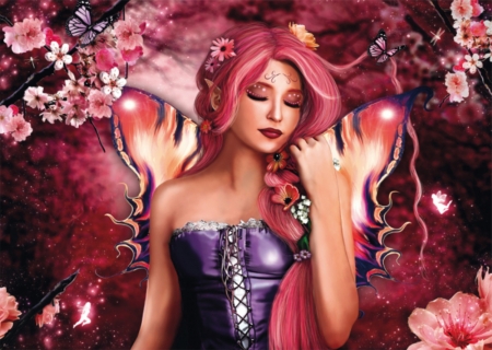 FAIRY - purple, female, pink, wings, fairy, flowers, butterflies