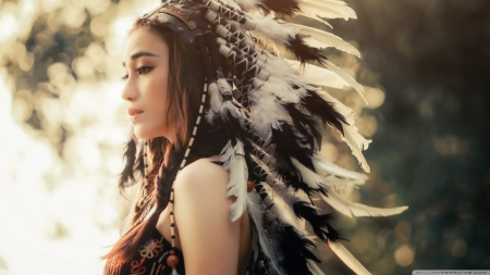 beauty - feathers, female, asian, beautiful