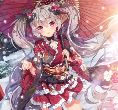 Kawaii Girl - pretty, anime, long hair, white hair, flowers, umbrella, red, anime girl, twintails, Japan, beautiful, girl, beauty, kimono, lovely, sweet, petals, soft, cute, japanese