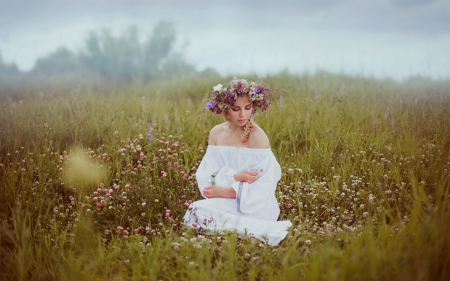 Lovely Girl - woman, sitting, field, grass, model