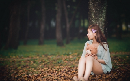 Lovely Girl - teddy bear, trees, woman, model