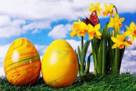 Happy Easter - eggs, flowers, blossoms, daffodils