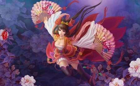 Fantasy girl - red, flower, purple, pink, fan, beauty, anime, girl, frumusete, blue, manga, fantasy, asian, luminos